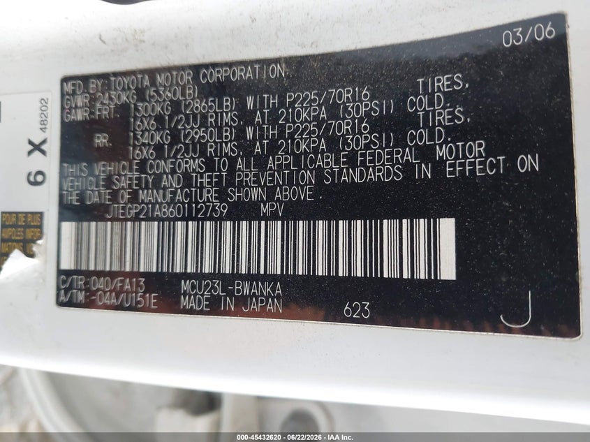 2006 Toyota Highlander VIN JTEGP21A860112739 IAAI salvage auction — FRONT END, Salvage (California), sold $825 on 2026-07-07 (photo 9)