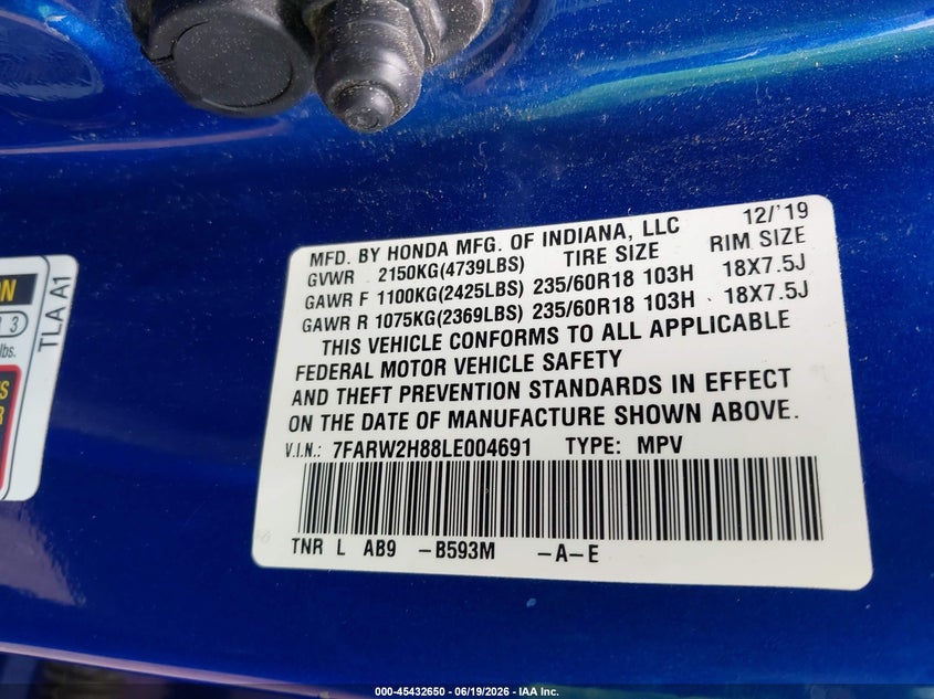 2020 Honda Cr-v VIN 7FARW2H88LE004691 IAAI salvage auction — FRONT END, Salvage (North Carolina), sold $5,200 on 2026-07-30 (photo 9)