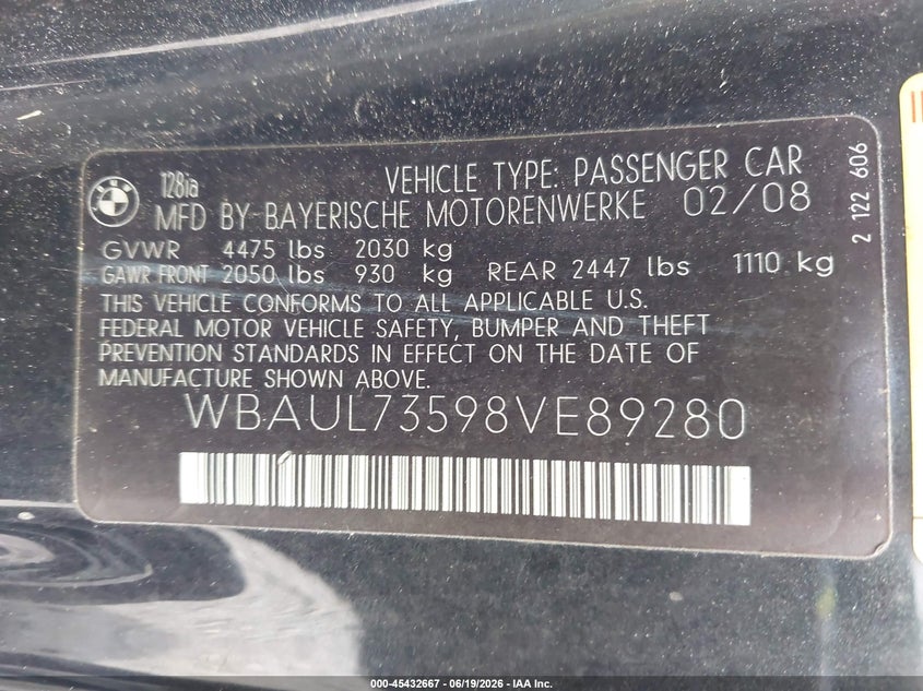 2008 BMW 1er VIN WBAUL73598VE89280 IAAI salvage auction — REAR END, Salvage (Georgia), sold $125 on 2026-07-23 (photo 9)