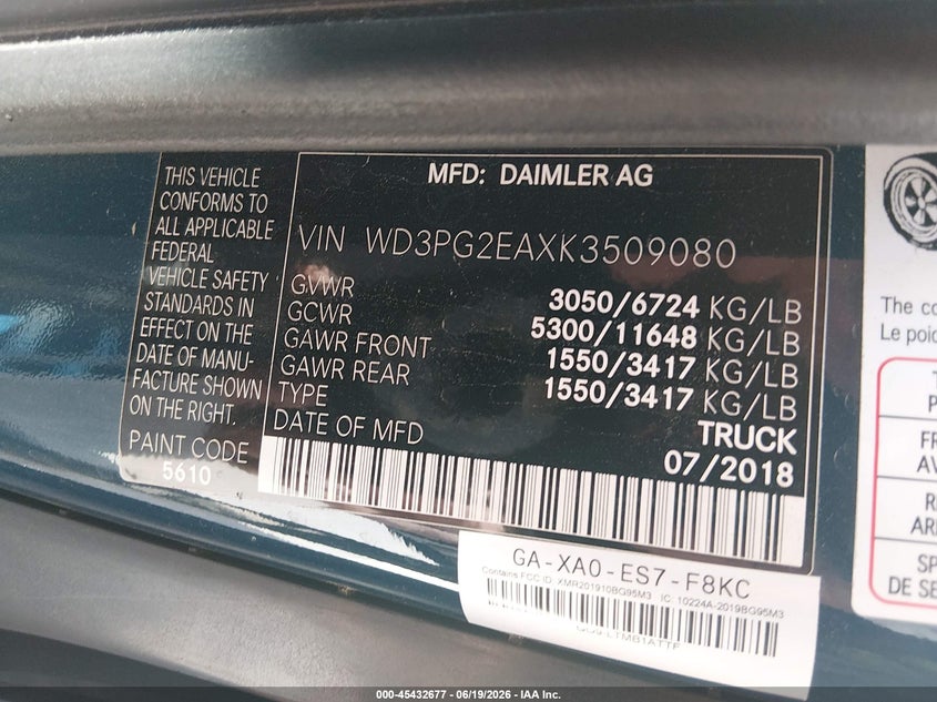 2019 Mercedes-benz Metris VIN WD3PG2EAXK3509080 IAAI salvage auction — NORMAL WEAR, SF97 (North Carolina), sold $18,500 on 2026-08-10 (photo 9)