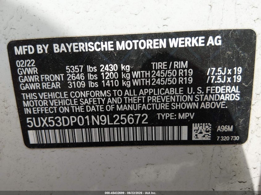 2022 BMW X3 VIN 5UX53DP01N9L25672 IAAI salvage auction — UNDERCARRIAGE, Salvage (Pennsylvania), sold $18,800 on 2026-07-10 (photo 9)