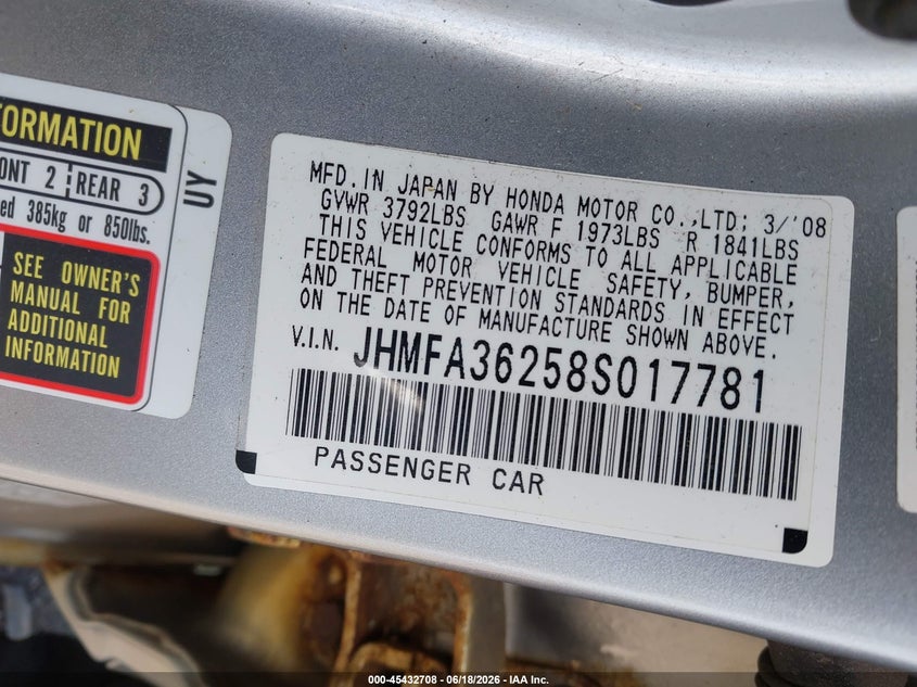 2008 Honda Civic hybrid VIN JHMFA36258S017781 IAAI salvage auction — NORMAL WEAR, Clear (New York), sold $375 on 2026-07-07 (photo 9)