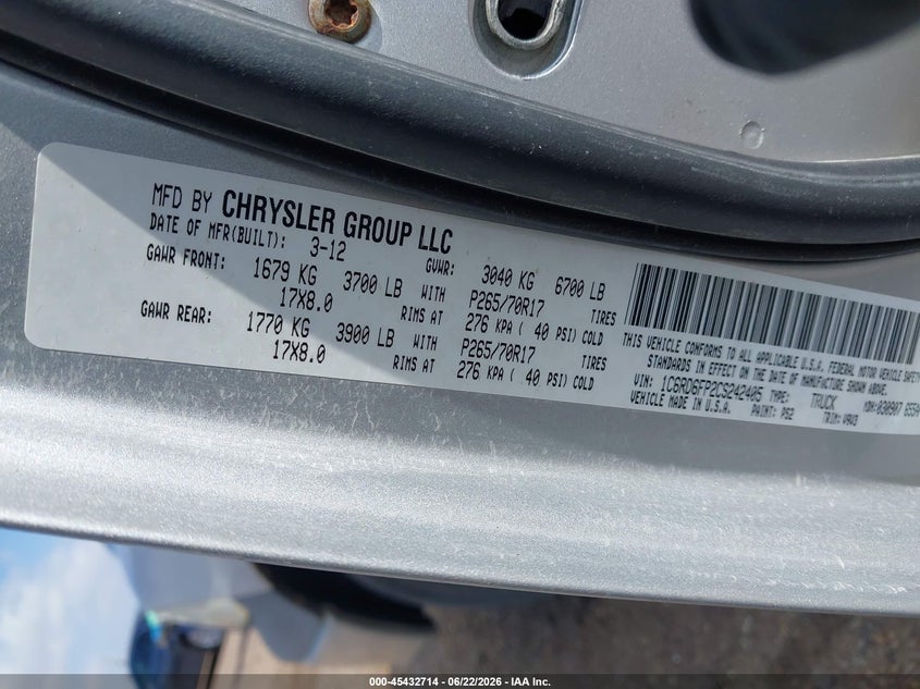 2012 Ram 1500 VIN 1C6RD6FP2CS242405 IAAI salvage auction — ENGINE DAMAGE, Salvage (Texas), sold $1,050 on 2026-08-14 (photo 9)