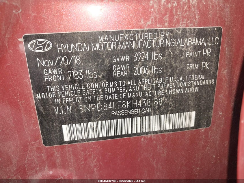 2019 Hyundai Elantra VIN 5NPD84LF8KH438188 IAAI salvage auction — FRONT & REAR, Salvage Title, sold $800 on 2026-08-03 (photo 9)