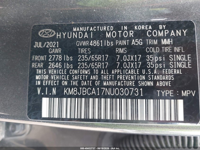 2022 Hyundai Tucson VIN KM8JBCA17NU030731 IAAI salvage auction — FRONT END, Salvage - 75% Or Less (Maryland), sold $9,500 on 2026-07-07 (photo 9)