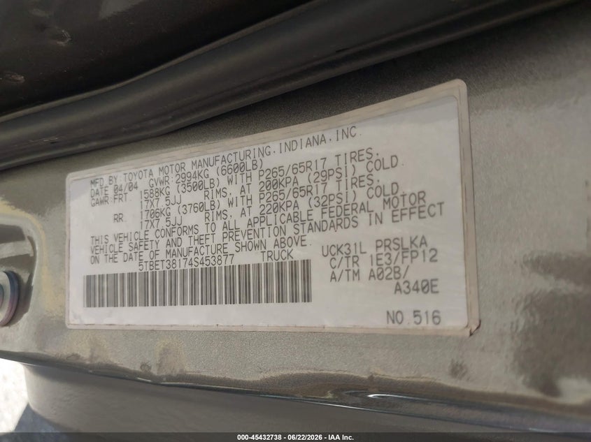 2004 Toyota Tundra VIN 5TBET38174S453877 IAAI salvage auction — FRONT END, Original (Texas), sold $1,600 on 2026-07-22 (photo 9)