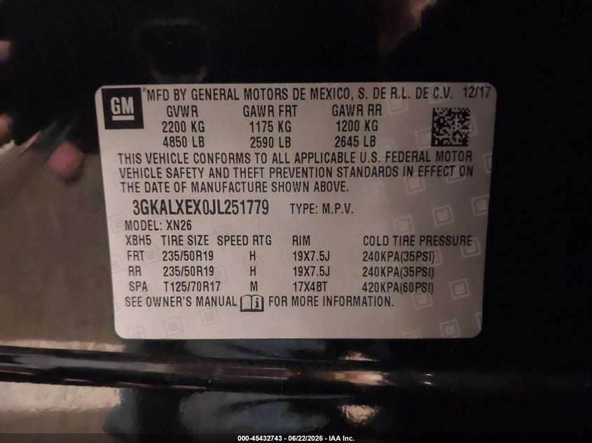 2018 Gmc Terrain VIN 3GKALXEX0JL251779 IAAI salvage auction — STORM DAMAGE, Junking Certificate (Iowa), sold $675 on 2026-07-18 (photo 9)