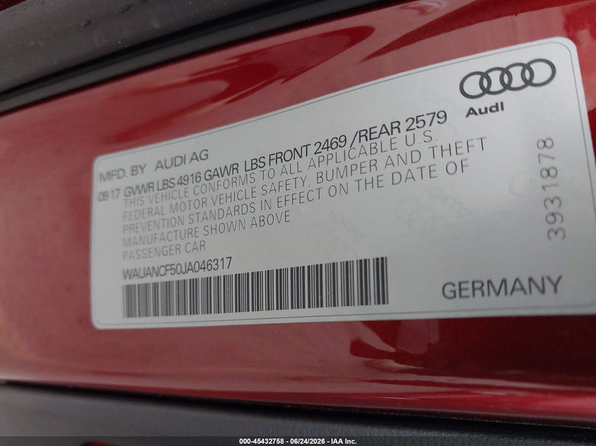 2018 Audi A5 VIN WAUANCF50JA046317 IAAI salvage auction — LEFT REAR, Salvage (California), sold $8,925 on 2026-07-06 (photo 9)
