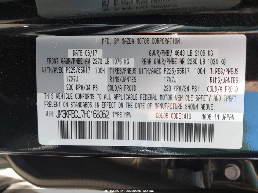2017 Mazda Cx-5 VIN JM3KFBCL7H0168052 IAAI salvage auction — FRONT END, Salvage (Pennsylvania), sold $4,500 on 2026-07-22 (photo 9)