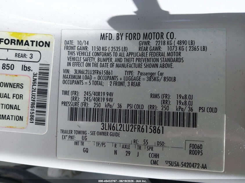 2015 Lincoln Mkz VIN 3LN6L2LU2FR615861 IAAI salvage auction — FRONT END, Salvage Title, sold $400 on 2026-09-07 (photo 9)