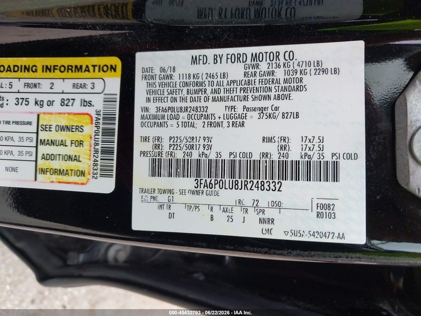 2018 Ford Fusion VIN 3FA6P0LU8JR248332 IAAI salvage auction — FRONT END, Salvage (Missouri), sold $2,000 on 2026-07-23 (photo 9)