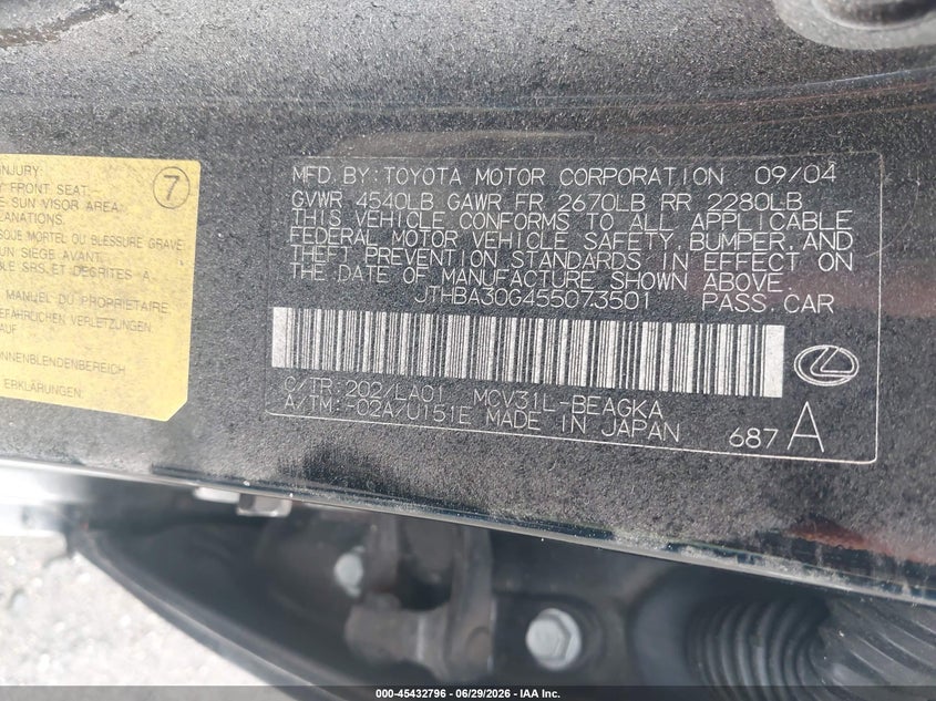 2005 Lexus Es 330 VIN JTHBA30G455073501 IAAI salvage auction — REAR END, Salvage - Greater Than 75% (Maryland), sold $550 on 2026-07-09 (photo 9)