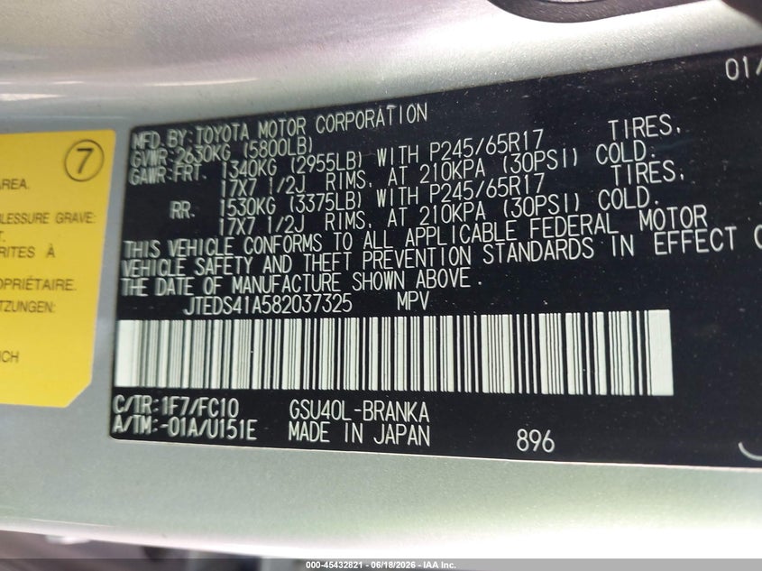 2008 Toyota Highlander VIN JTEDS41A582037325 IAAI salvage auction — NORMAL WEAR, Clear (Washington), sold $1,150 on 2026-07-14 (photo 9)