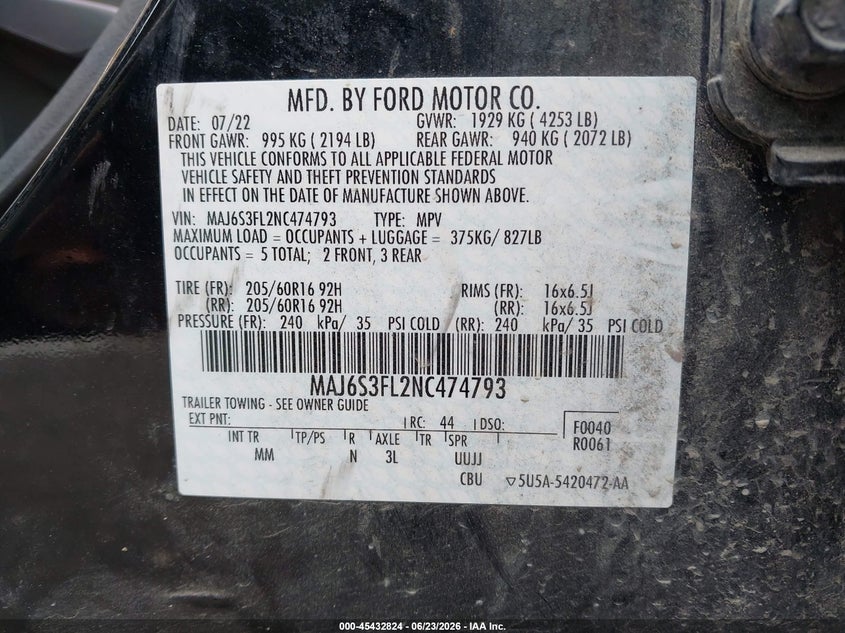 2022 Ford Ecosport VIN MAJ6S3FL2NC474793 IAAI salvage auction — FRONT & REAR, Salvage (Pennsylvania), sold $25 on 2026-07-22 (photo 9)