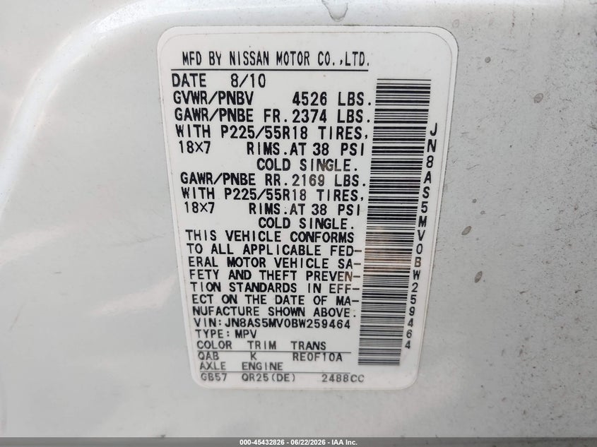 2011 Nissan Rogue VIN JN8AS5MV0BW259464 IAAI salvage auction — RIGHT FRONT, Salvage - Greater Than 75% (Maryland), sold $25 on 2026-07-21 (photo 9)