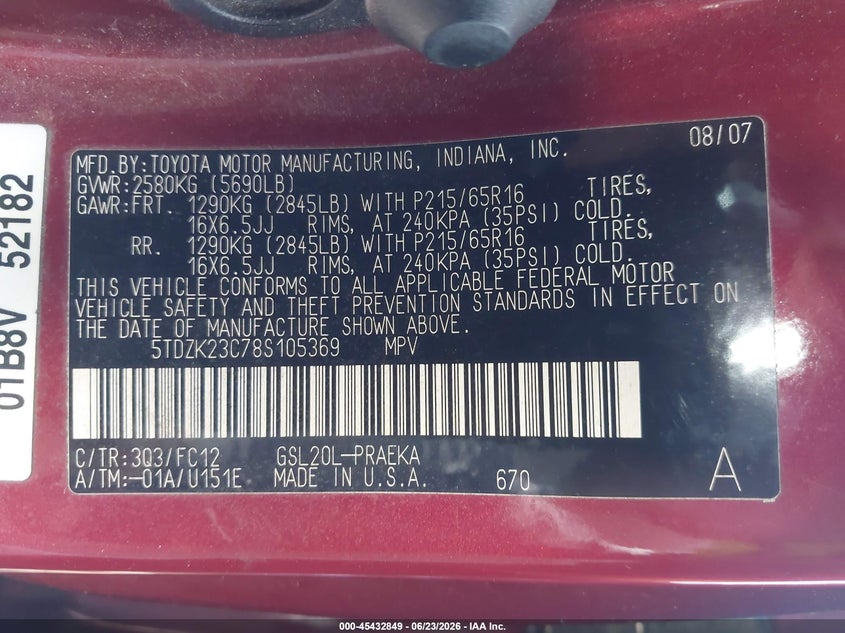 2008 Toyota Sienna VIN 5TDZK23C78S105369 IAAI salvage auction — FRONT END, Junk Receipt (North Carolina), sold $25 on 2026-07-29 (photo 9)
