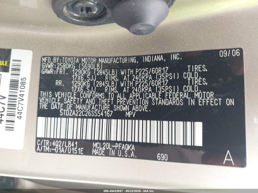 2006 Toyota Sienna VIN 5TDZA22C26S554167 IAAI salvage auction — BIOHAZARD/CHEMICAL, Salvage - Greater Than 75% (Maryland), sold $175 on 2026-07-21 (photo 9)