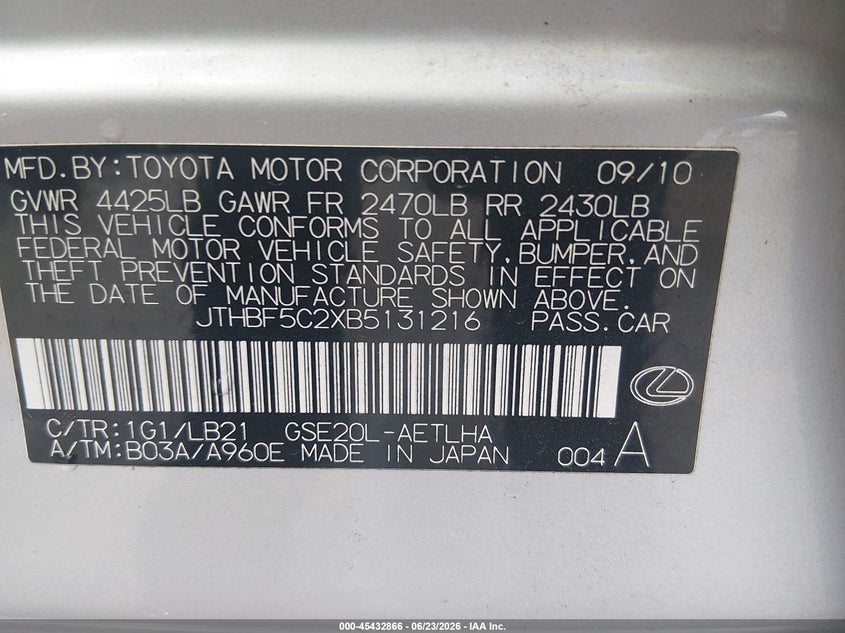 2011 Lexus Is 250 VIN JTHBF5C2XB5131216 IAAI salvage auction — LEFT SIDE, Salvage (South Carolina), sold $25 on 2026-07-29 (photo 9)