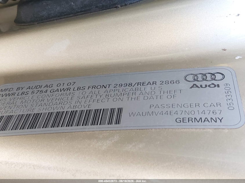 2007 Audi A8 VIN WAUMV44E47N014767 IAAI salvage auction — FRONT END, Salvage (California), sold $25 on 2026-07-13 (photo 9)