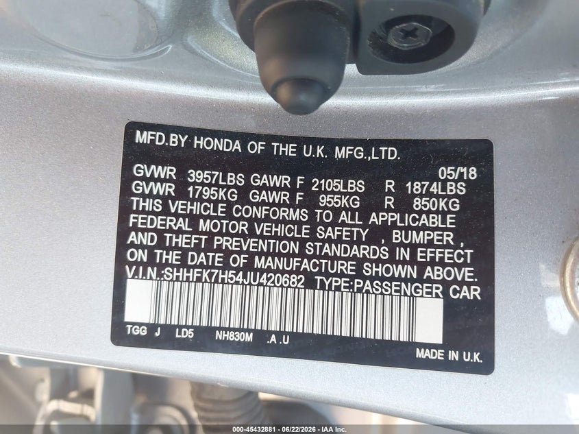 2018 Honda Civic VIN SHHFK7H54JU420682 IAAI salvage auction — REAR END, Salvage (California), sold $4,550 on 2026-07-13 (photo 9)