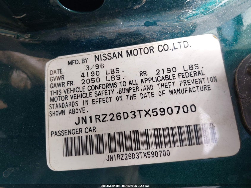 1996 Nissan 300zx VIN JN1RZ26D3TX590700 IAAI salvage auction — NORMAL WEAR, Clear - Dealer Only (California), sold $1,000 on 2026-07-29 (photo 9)