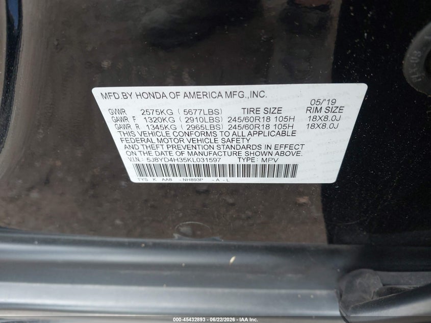 2019 Acura Mdx VIN 5J8YD4H35KL031597 IAAI salvage auction — RIGHT SIDE, Mv-907A (New York), sold $7,950 on 2026-08-01 (photo 9)