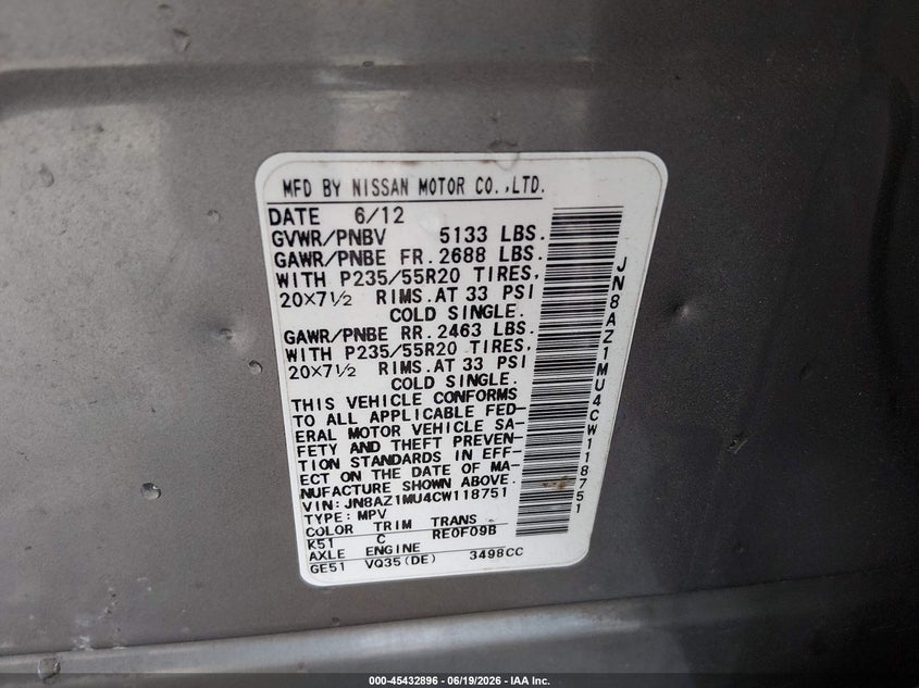 2012 Nissan Murano VIN JN8AZ1MU4CW118751 IAAI salvage auction — LEFT FRONT, Salvage (Georgia), sold $525 on 2026-07-30 (photo 9)