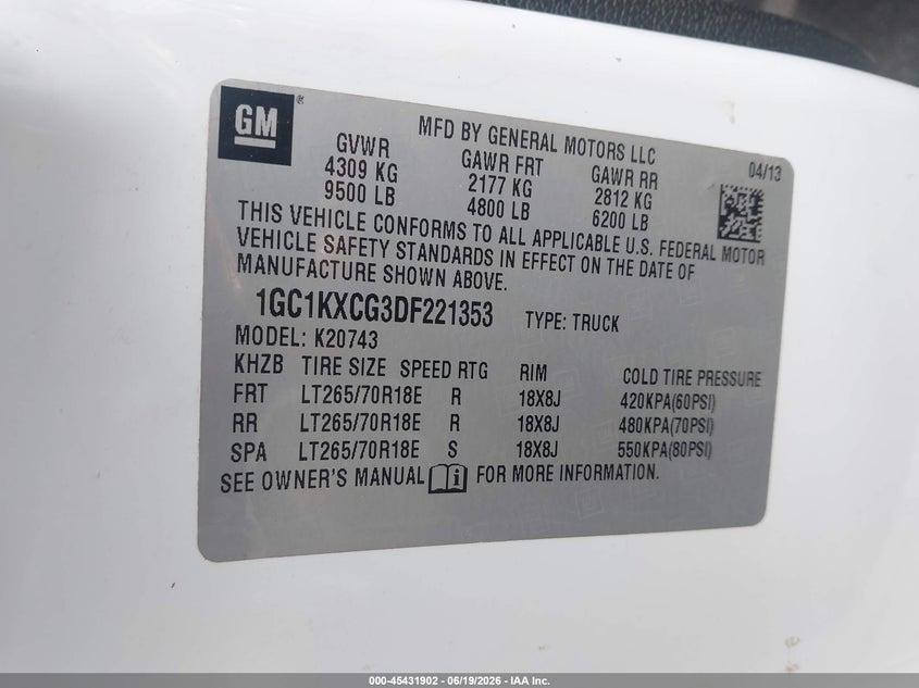 2013 Chevrolet Silverado VIN 1GC1KXCG3DF221353 IAAI salvage auction — UNKNOWN, Salvage Rebuilt (North Carolina), sold $1,875 on 2026-07-09 (photo 9)