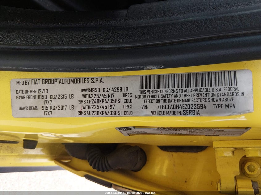 2014 Fiat 500l VIN ZFBCFADH4EZ023594 IAAI salvage auction — TRANSMISSION, Clear (New Jersey), sold $550 on 2026-07-27 (photo 9)