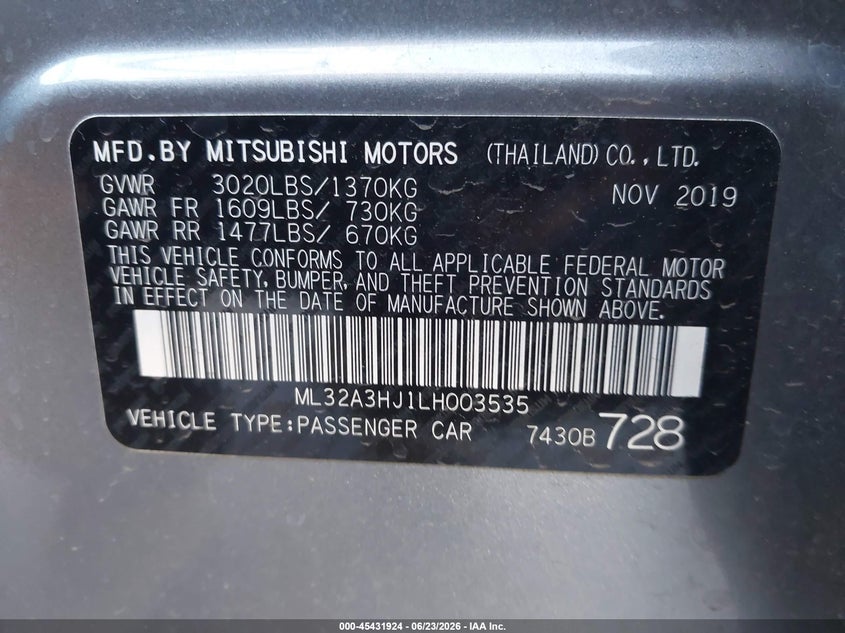 2020 Mitsubishi Mirage VIN ML32A3HJ1LH003535 IAAI salvage auction — LEFT FRONT, Salvage (Arizona), sold $1,050 on 2026-07-07 (photo 9)