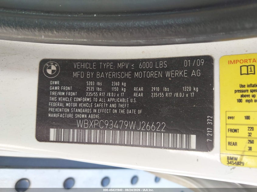 2009 BMW X3 VIN WBXPC93479WJ26622 IAAI salvage auction — REAR END, Salvage (Rhode Island), sold $25 on 2026-07-28 (photo 9)