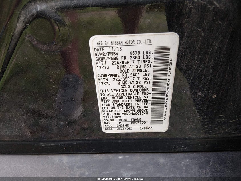 2017 Nissan Rogue sport VIN JN8AT2MV9HW008740 IAAI salvage auction — RIGHT FRONT, Clear (Tennessee), sold $1,600 on 2026-07-14 (photo 9)