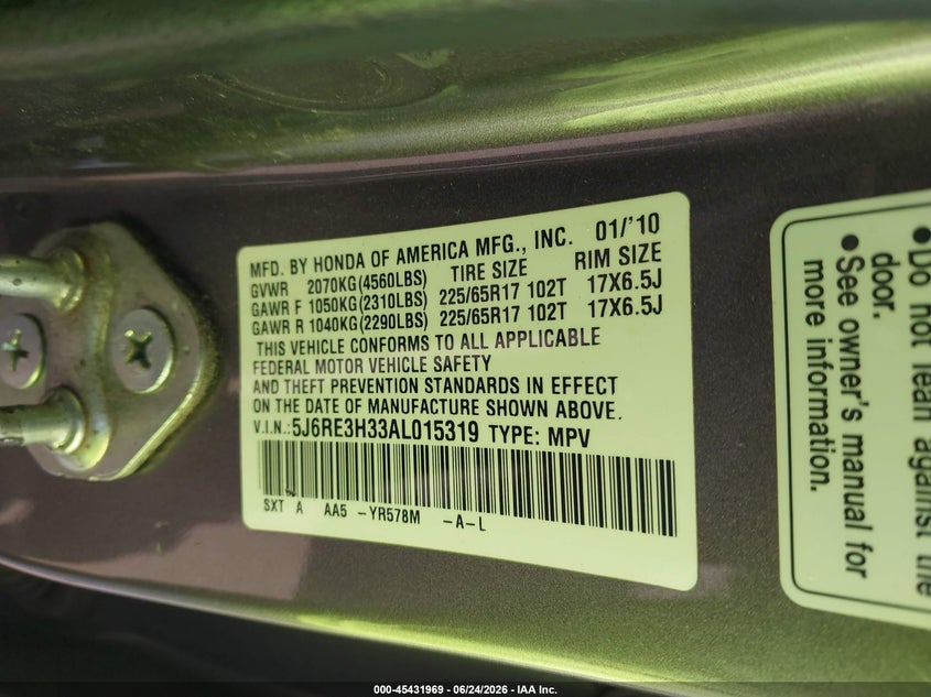 2010 Honda Cr-v VIN 5J6RE3H33AL015319 IAAI salvage auction — FRONT END, Salvage Certificate (California), sold $1,600 on 2026-07-12 (photo 9)