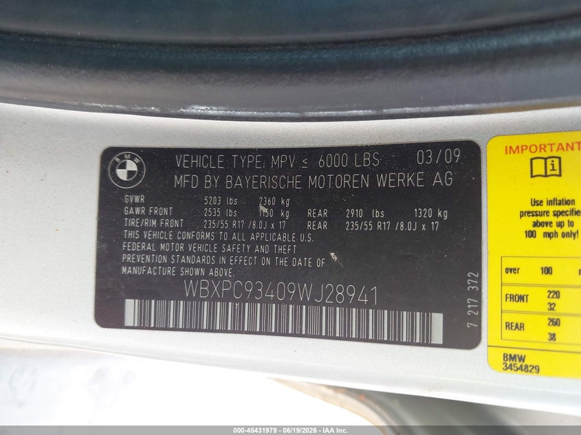 2009 BMW X3 VIN WBXPC93409WJ28941 IAAI salvage auction — RIGHT FRONT, Clear (New Jersey), sold $600 on 2026-07-27 (photo 9)