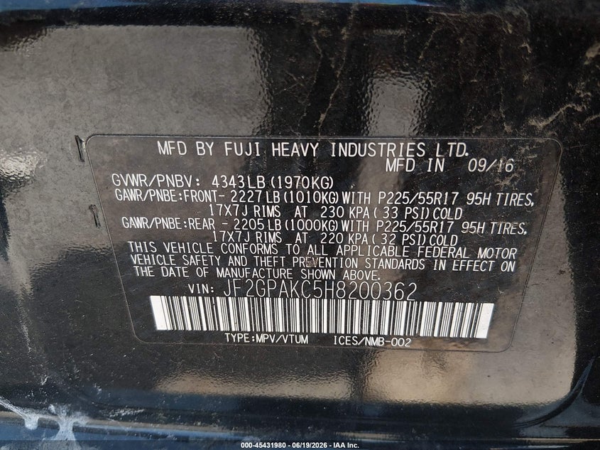 2017 Subaru Xv VIN JF2GPAKC5H8200362 IAAI salvage auction — RIGHT SIDE, Salvage (Massachusetts), sold $3,150 on 2026-07-17 (photo 9)
