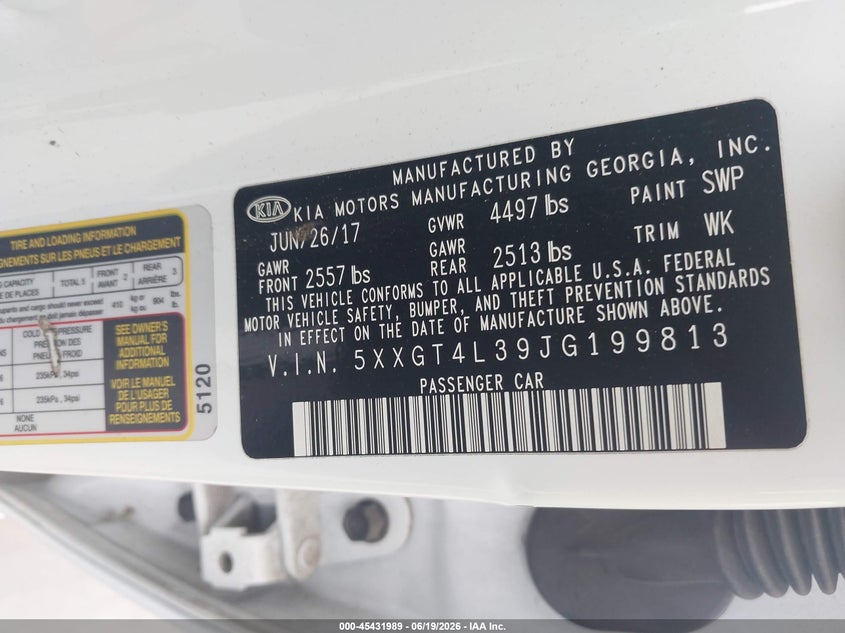 2018 Kia Optima VIN 5XXGT4L39JG199813 IAAI salvage auction — RIGHT SIDE, Salvage (Texas), sold $1,450 on 2026-07-28 (photo 9)