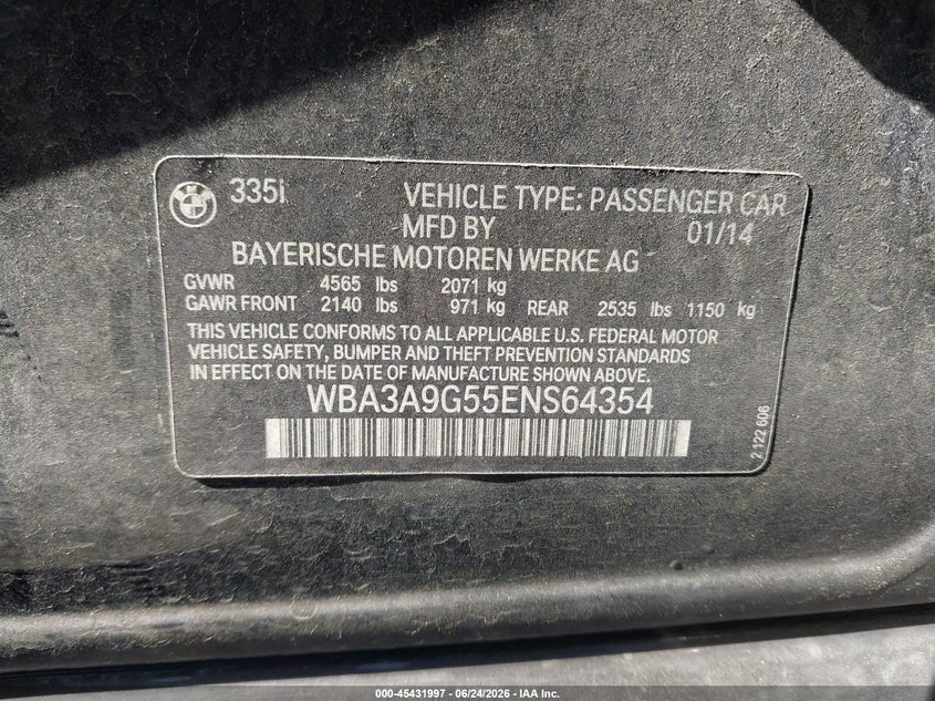 2014 BMW 3er VIN WBA3A9G55ENS64354 IAAI salvage auction — FRONT END, Salvage (California), sold $2,100 on 2026-07-21 (photo 9)