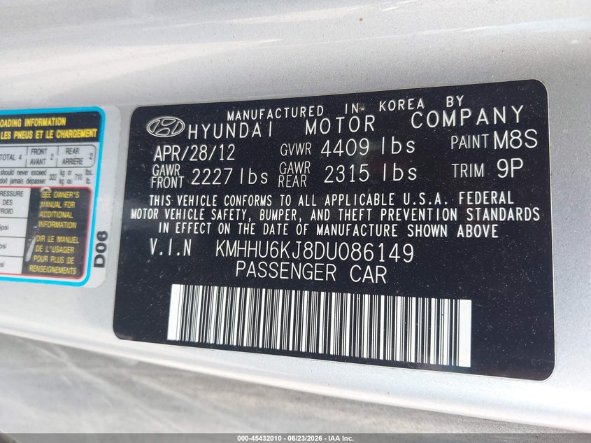 2013 Hyundai Genesis VIN KMHHU6KJ8DU086149 IAAI salvage auction — LEFT FRONT, Salvage (Georgia), sold $1,900 on 2026-07-29 (photo 9)