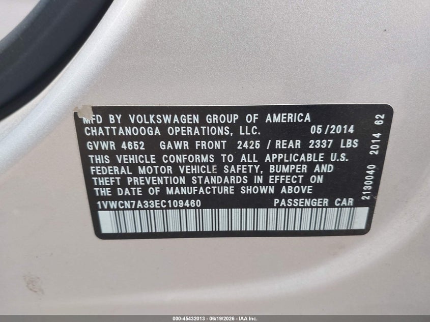 2014 Volkswagen Passat VIN 1VWCN7A33EC109460 IAAI salvage auction — NORMAL WEAR, Original (Texas), sold $2,450 on 2026-07-06 (photo 9)