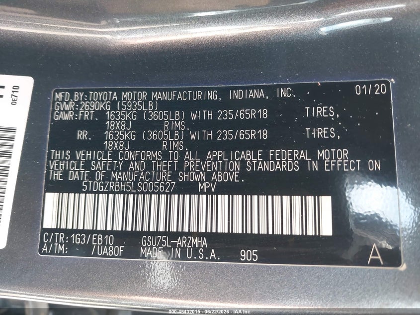 2020 Toyota Highlander VIN 5TDGZRBH5LS005627 IAAI salvage auction — FRONT END, Salvage (Illinois), sold $12,800 on 2026-07-29 (photo 9)