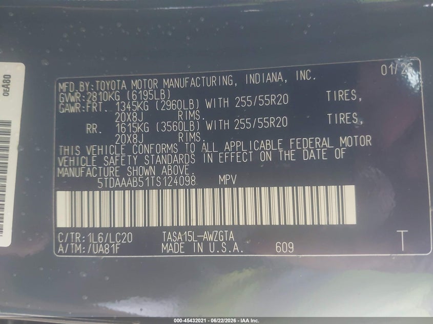 2026 Toyota Highlander VIN 5TDAAAB51TS124098 IAAI salvage auction — FRONT END, Original (Texas), sold $30,450 on 2026-10-01 (photo 9)