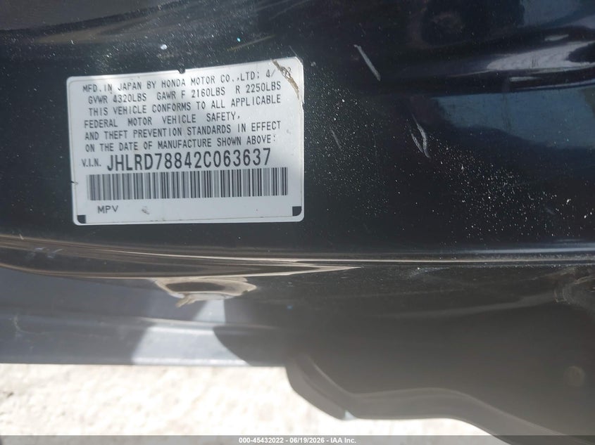 2002 Honda Cr-v VIN JHLRD78842C063637 IAAI salvage auction — FRAME DAMAGE, Salvage (Rhode Island), sold $200 on 2026-07-28 (photo 9)