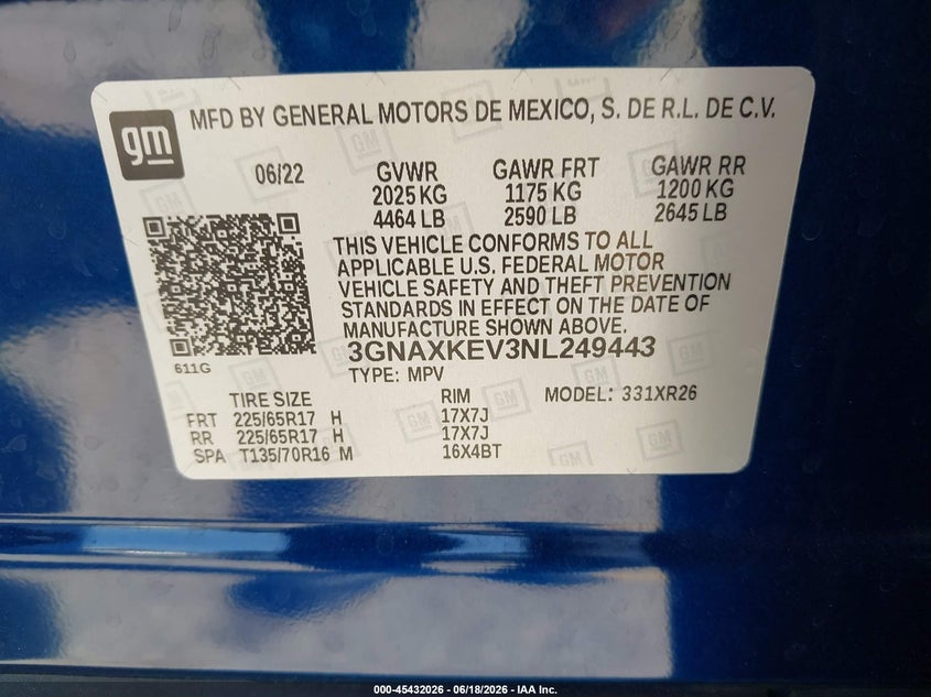 2022 Chevrolet Equinox VIN 3GNAXKEV3NL249443 IAAI salvage auction — FRONT & REAR, Salvage (California), sold $6,100 on 2026-08-03 (photo 9)