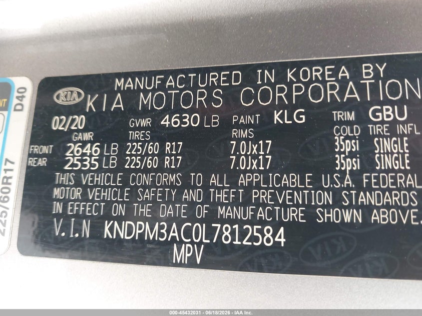 2020 Kia Sportage VIN KNDPM3AC0L7812584 IAAI salvage auction — FRONT END, Salvage Title, sold $3,550 on 2026-07-18 (photo 9)