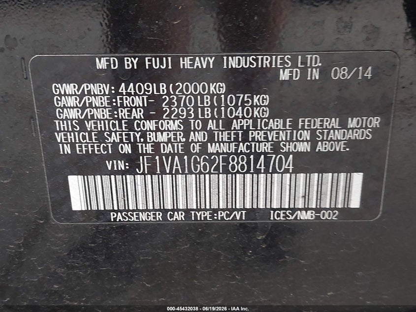 2015 Subaru Wrx VIN JF1VA1G62F8814704 IAAI salvage auction — RIGHT SIDE, Bill Of Sale (Washington), sold $1,800 on 2026-07-15 (photo 9)