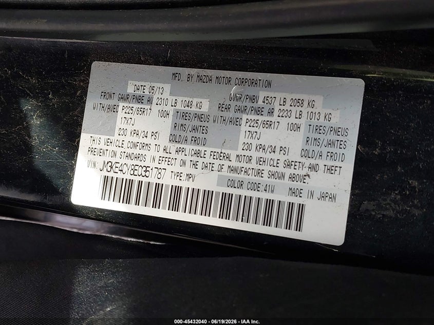 2014 Mazda Cx-5 VIN JM3KE4CY8E0351787 IAAI salvage auction — RIGHT FRONT, Mv-907A (New York), sold $1,400 on 2026-07-07 (photo 9)