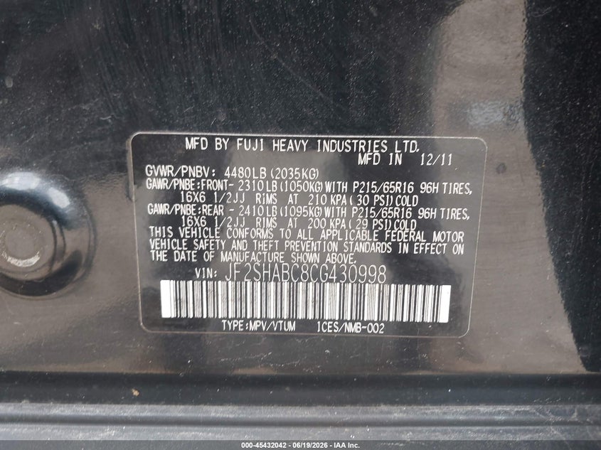 2012 Subaru Forester VIN JF2SHABC8CG430998 IAAI salvage auction — NORMAL WEAR, Clear (Massachusetts), sold $400 on 2026-07-21 (photo 9)
