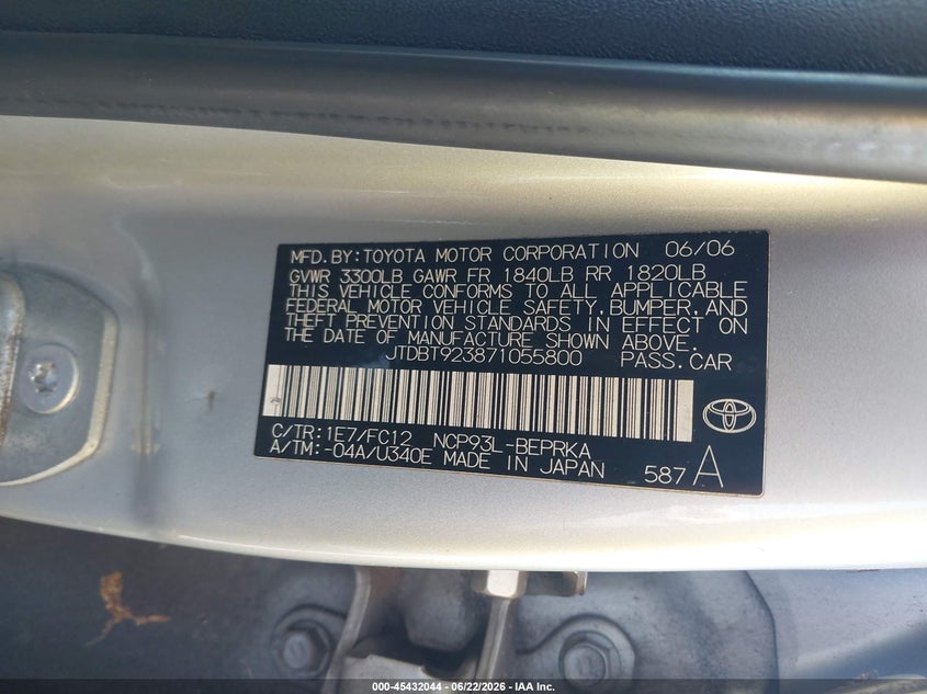2007 Toyota Yaris VIN JTDBT923871055800 IAAI salvage auction — NORMAL WEAR, Clear (South Carolina), sold $1,200 on 2026-07-14 (photo 9)