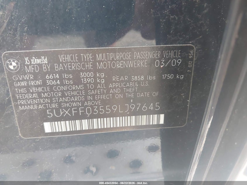 2009 BMW X5 VIN 5UXFF03559LJ97645 IAAI salvage auction — FRONT END, Salvage (Idaho), sold $850 on 2026-07-19 (photo 9)