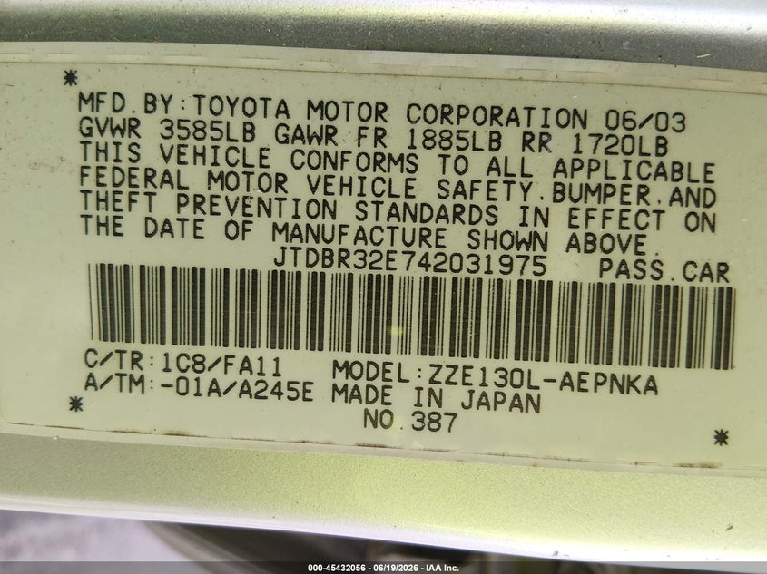 2004 Toyota Corolla VIN JTDBR32E742031975 IAAI salvage auction — FRONT END, Salvage (North Carolina), sold $425 on 2026-07-15 (photo 9)